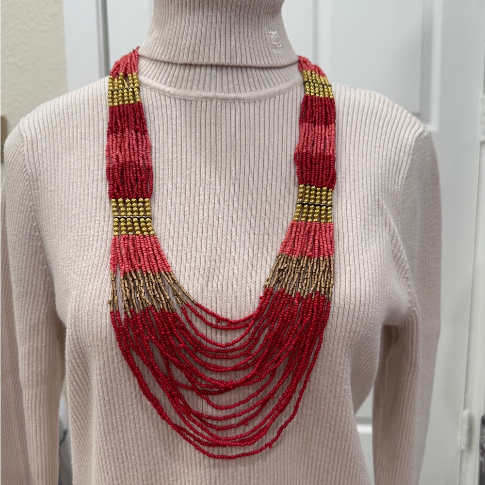 Elegant Red, Coral  and Gold Beaded Necklace